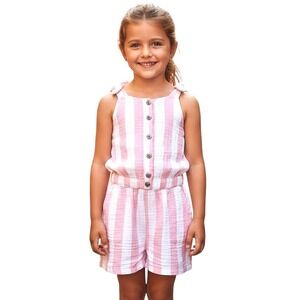 NWT Vertbaudet Romper Girls 6 Pink White Striped Sleeveless Ruffle Trim Jumpsuit